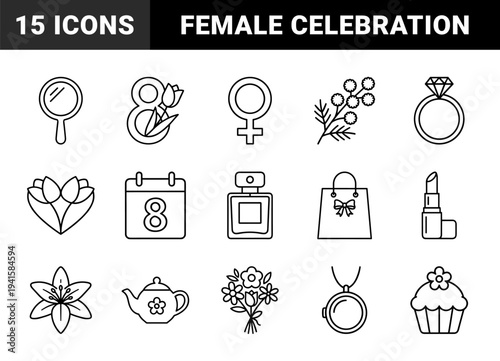 International Women's Day celebration and feminine lifestyle elements. Technical monolinear pictograms featuring floral gifts, jewelry, and beauty accessories.