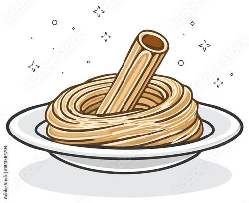 Illustration of a plate of spaghetti with penne pasta on top against white backdrop