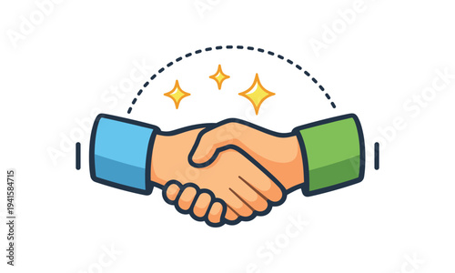 A simple, optimistic vector icon of two hands shaking, one sleeve blue and one green, with decorative sparkles, ideal for business, partnership, agreement, or trust visuals.