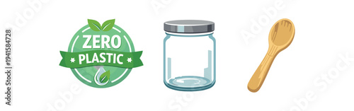 Flat icons showing a green "zero plastic" badge, an empty glass jar, and a wooden spoon to promote sustainable packaging and plastic-free kitchen products.