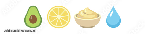 A neat row of four colorful ingredient icons — avocado half, lemon slice, dollop of cream in a bowl and a water droplet — suited for food packaging, skincare labels, or natural product graphics.