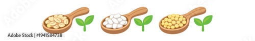 Colorful flat icons of three wooden spoons holding oats, rice, and chickpeas, each paired with a small green leaf, made for healthy food or ingredient design use.