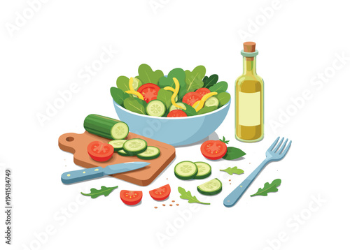 A colorful kitchen scene showing a bowl of mixed green salad with cucumber and tomato slices, a cutting board with a partially sliced cucumber and tomato, a knife, scattered salad leaves