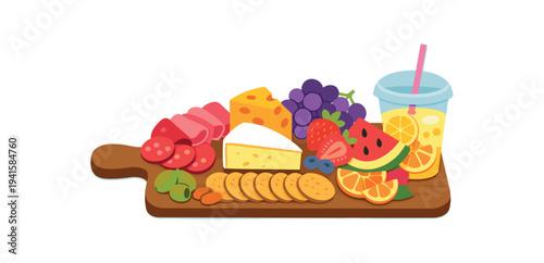 A wooden serving board piled with cheeses, sliced salami, grapes, strawberries, crackers, orange slices and a cup of lemonade — bright flat vector art for food or party design.