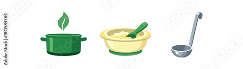 Three minimal colorful kitchen icons in a row — a steaming green pot, a yellow mixing bowl with spoon and a silver ladle — designed as flat vector food prep symbols.