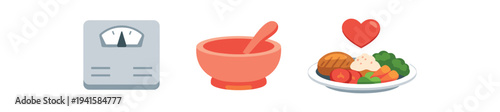 A trio of health icons showing a weight scale, mortar and pestle, and a plate of balanced food topped by a heart, intended for wellness, diet, or nutrition guides and app graphics.