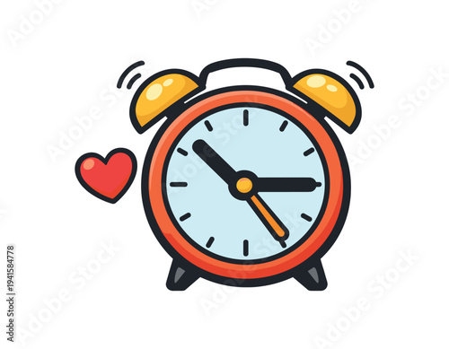 Cheerful cartoon alarm clock with twin bells, motion lines and a small heart symbol, drawn in bold outlines and bright colors for use as a sticker, reminder graphic, or app icon.