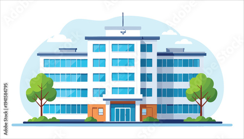 vector Modern Office Building with Trees and Entrance