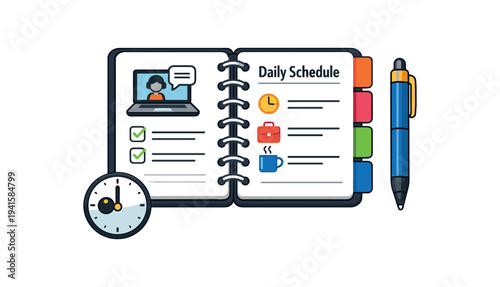 Open spiral planner showing a daily schedule with icons for meetings, breaks and tasks, accompanied by a clock and pen for organization and productivity design.