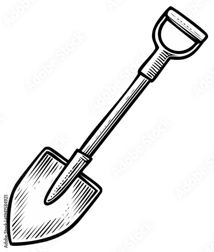 Detailed black and white illustration of a shovel, gardening tool.