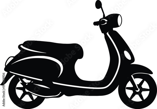 Minimal vector silhouette, motor scooter side view, solid black, isolated on white background