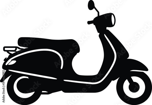 Minimal vector silhouette, motor scooter side view, solid black, isolated on white background