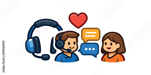 Colorful friendly illustration of a headset, a support agent wearing a headset speaking, a smiling user, speech bubbles and a heart to show customer support and chat.