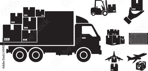 Logistics and transportation icons in black and white illustration