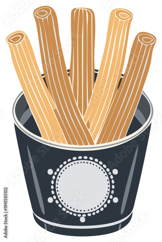 Vector illustration of churros in a black container with decorative label