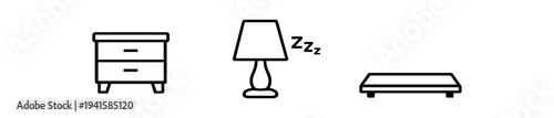 Black outline icons of a bedside drawer, sleeping lamp, and low platform bed frame arranged in a row for use in bedroom ui, catalog, or app design.