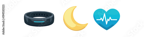 Bright emoji-style icons of a smart wristband, yellow crescent moon, and blue heart with heartbeat line for sleep tracking, health, and wellness interfaces.