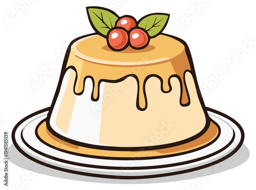 Cartoon illustration of a custard dessert with topping on a plate, food and sweets concept
