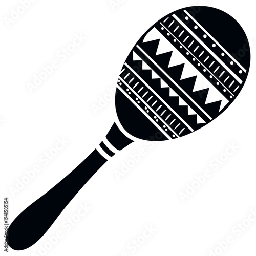 Maraca Illustration in Black and White with Geometric Design, Musical Instrument