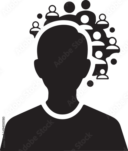 Silhouette of a person with abstract figures and circles emanating from head de