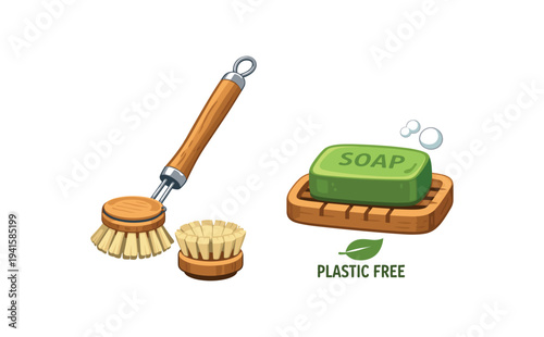 Colorful eco-friendly cleaning items: wooden-handled scrub brush with spare head, green soap bar on a wooden soap dish stamped "plastic free" to promote zero-waste cleaning.