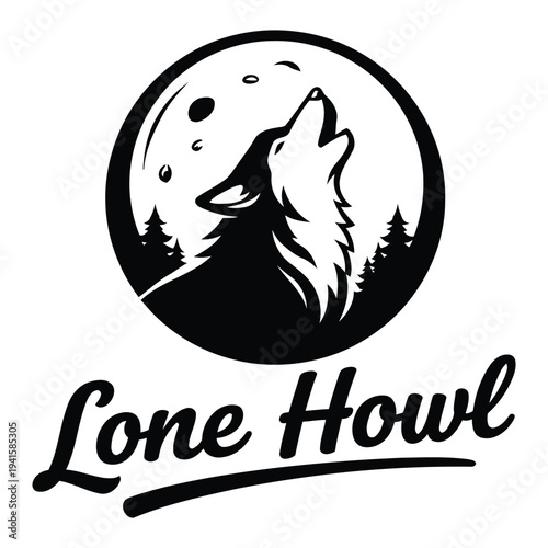 Illustration of a stylized wolf howling at the moon in a circular frame with pine trees and cursive text reading lone howl