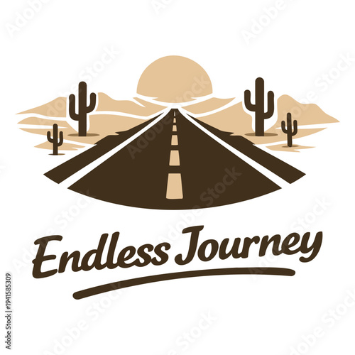 Illustration of a desert road extending into the horizon with cacti and sunset symbolizing an endless journey ahead