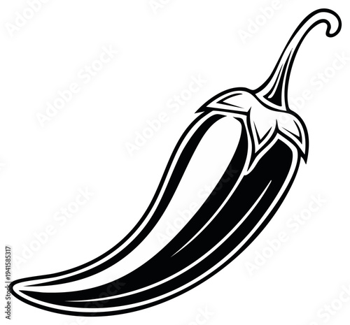 Single Jalapeno Pepper Illustration Black and White. Vector of Spicy Mexican Pepper.