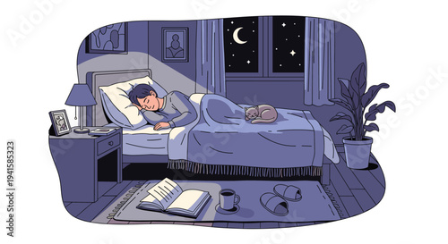 Peaceful night scene of a young boy sleeping soundly in his bed with a small cat resting on top of the blanket near a window.