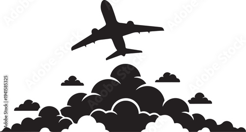 Airplane flying through clouds in the sky silhouette graphic