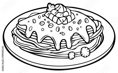 Hand drawn illustration of a delicious pasta dish topped with sauce and garnish
