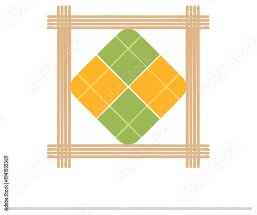 Abstract geometric diamond pattern with bamboo frame in orange and green colors
