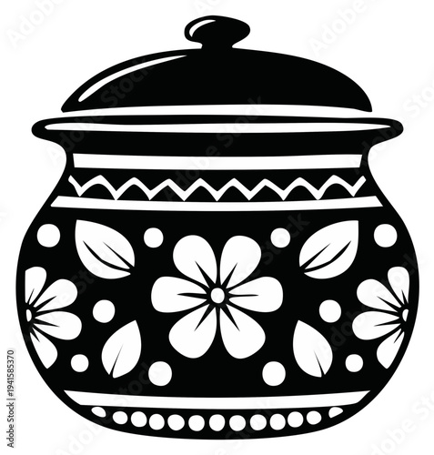 Stylized clay pot with floral and geometric patterns