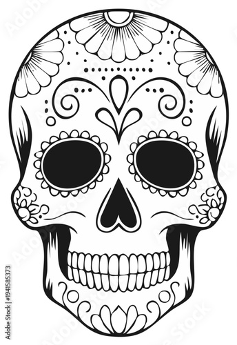 Decorative black and white sugar skull with intricate floral patterns and traditional Mexican art design