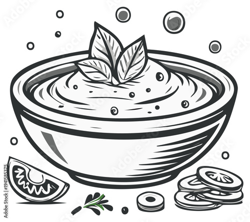 Hummus with garnish in a bowl, healthy eating concept in black and white style.