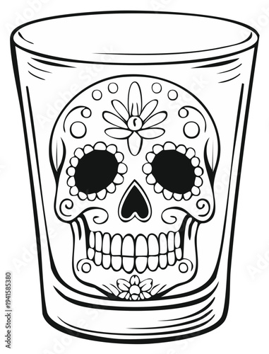 Outline drawing of a shot glass adorned with a traditional sugar skull design celebrating Day of the Dead