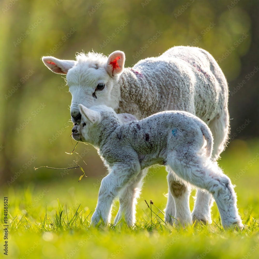 Fototapeta premium Two lambs in green field, one bending, sunlit
