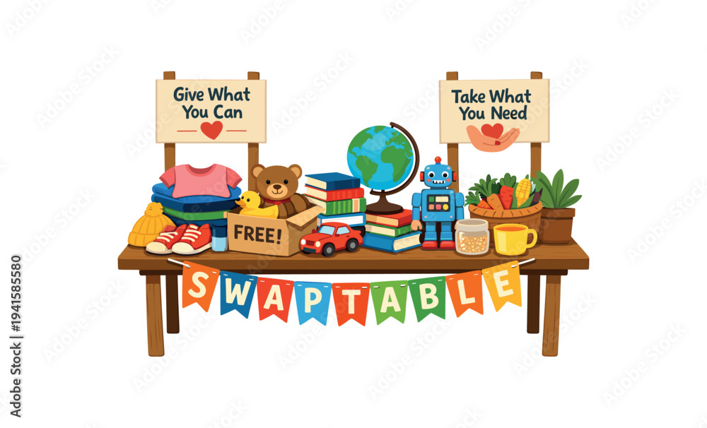 Fototapeta premium A colorful swap table scene with signs 