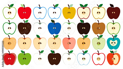 A set of apple icons in different styles and colors, some with bites or cute faces, in a flat vector design