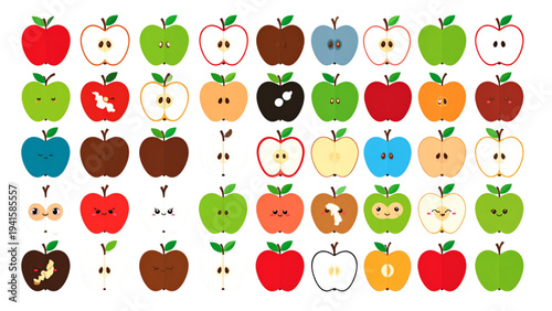A set of apple icons in different styles and colors, some with bites or cute faces, in a flat vector design