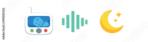 Three simple bedtime icons — a baby monitor with sleeping infant, a green soundwave, and a crescent moon with stars — designed for a sleep tracker, parenting app, or nighttime ui.