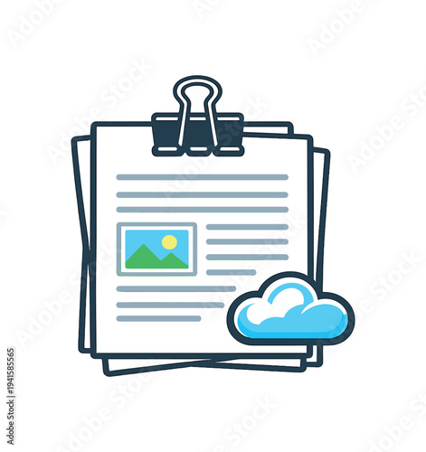 Paper stack held by a binder clip showing text and a small image, with a cloud symbol overlapping — visual for cloud documents, backup, or file syncing.