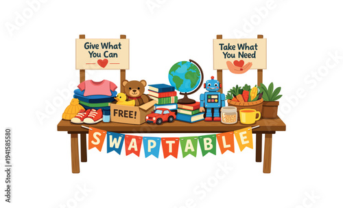 A colorful swap table scene with signs "give what you can" and "take what you need", toys, books, globe, robot, plants and a "swaptable" banner for community donation, yard sale or reuse campaign.