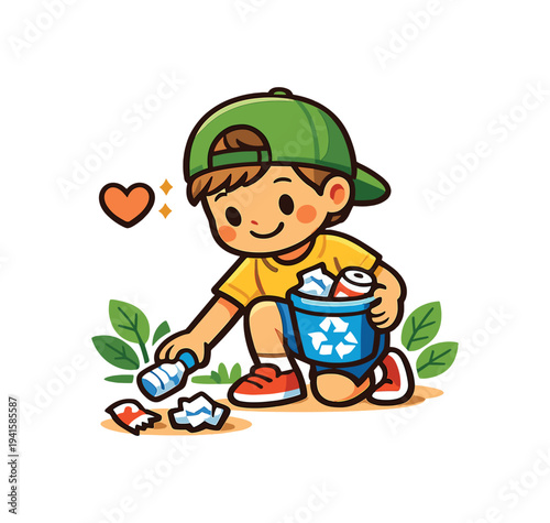 Cute cartoon boy in a green cap kneeling to pick up trash and put cans and paper into a recycling bucket, surrounded by leaves and a heart symbol for an eco-friendly message.