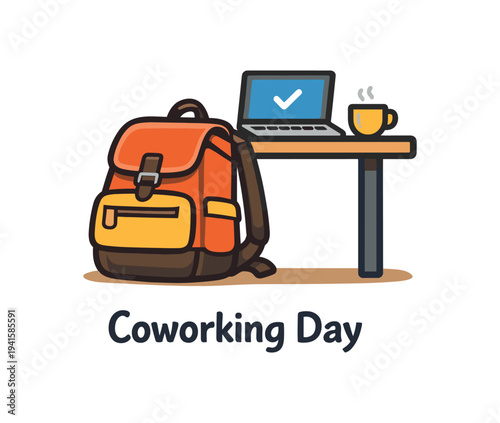Colorful illustration of a backpack set next to a desk with an open laptop showing a checkmark and a steaming coffee cup, labeled "coworking day" for remote work or coworking promotions.
