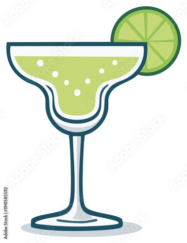 Green cocktail in margarita glass with lime slice and bubbles, refreshing drink illustration