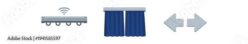 Simple icon set showing a wi‑fi router, stage-style curtains, and left-right navigation arrows, suitable for ui controls, smart home, or media interface use.