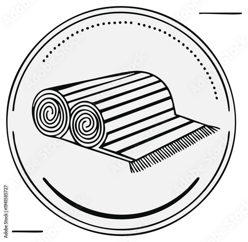 Graphic icon of a rolled up striped rug with fringe inside a circular frame