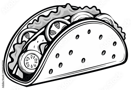 Detailed black and white illustration of a fully loaded taco with fresh ingredients.