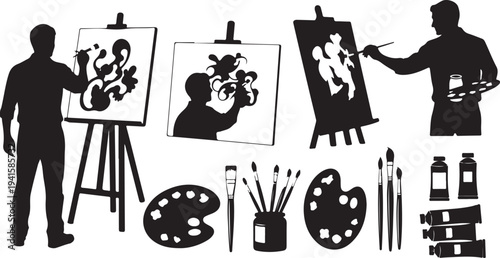 Silhouettes of artists painting with various art supplies displayed